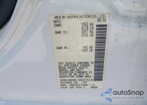 2019 Nissan Altima 2.5 S z USA, uszkodzony, nr VIN 1N4BL4BV6KC102314